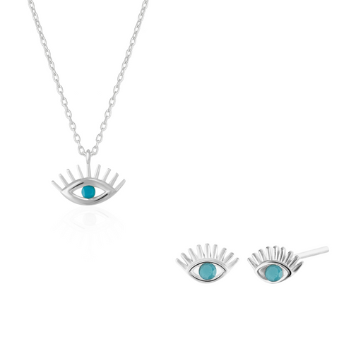 Turquoise Blue Eye Evil Eye Sterling Silver Necklace and Earrings Set