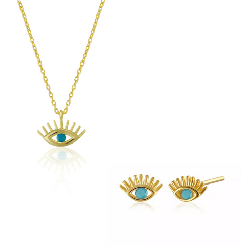 Turquoise Blue Eye Evil Eye Sterling Silver Necklace and Earrings Set