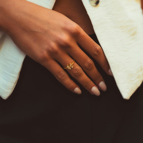 14K Solid Gold Pave Clover Ring