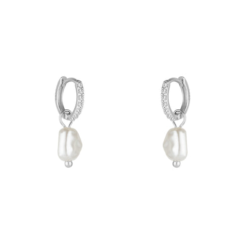 Huggie Pearl Drop Earrings in Sterling Silver