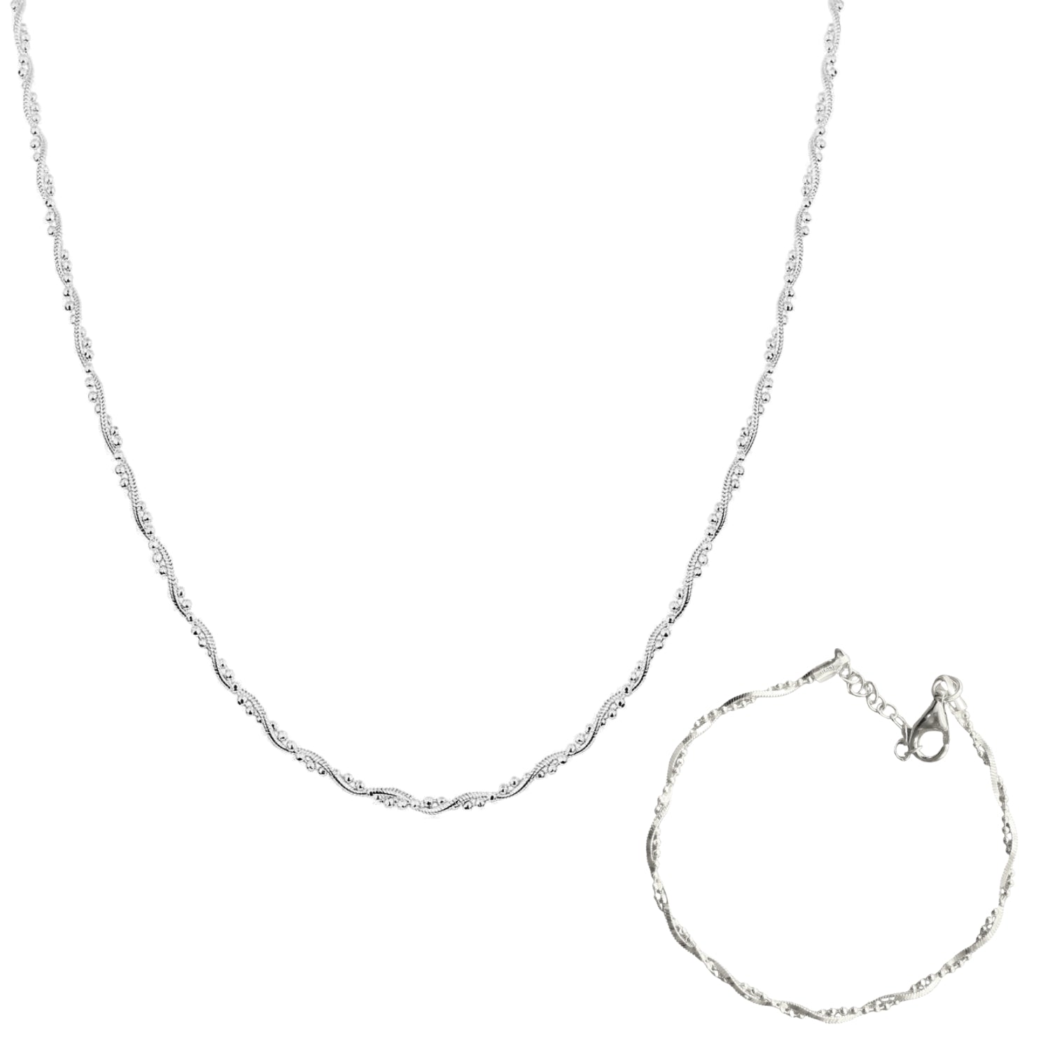 Twisted Beads Sterling Silver Chain Necklace and Bracelet Set