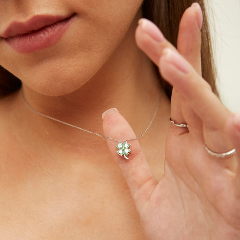 Four Leaves Clover Sterling Silver Earrings and Necklace Set in Green