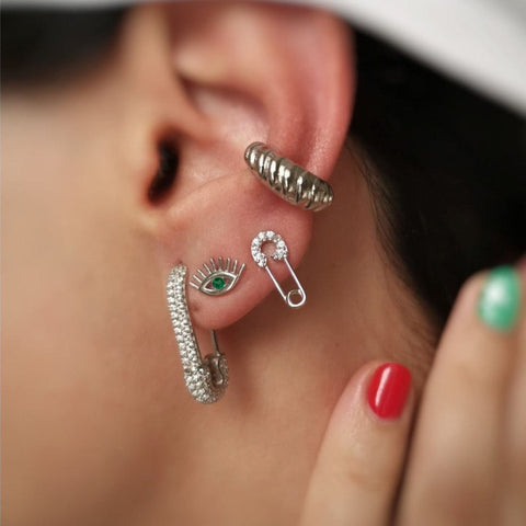 Sterling Silver Safety Pin Stud Croissant Ear Cuff and Emerald Evil Eye Earrings Set - Pair