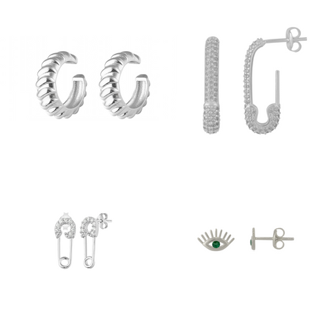 Sterling Silver Safety Pin Stud Croissant Ear Cuff and Emerald Evil Eye Earrings Set - Pair