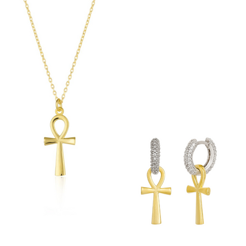 Sterling Silver Egyptian Ankh Necklace and Earring Set