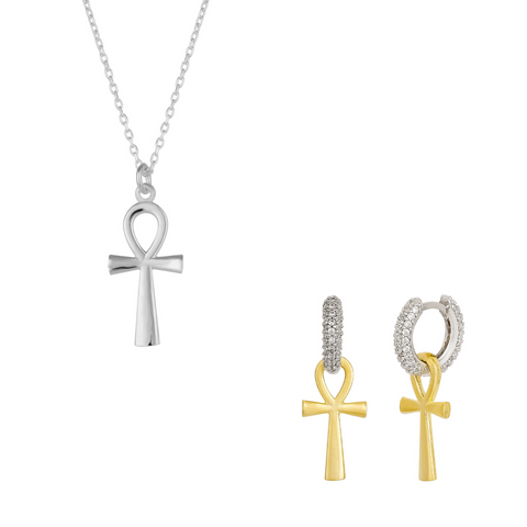 Sterling Silver Egyptian Ankh Necklace and Earring Set