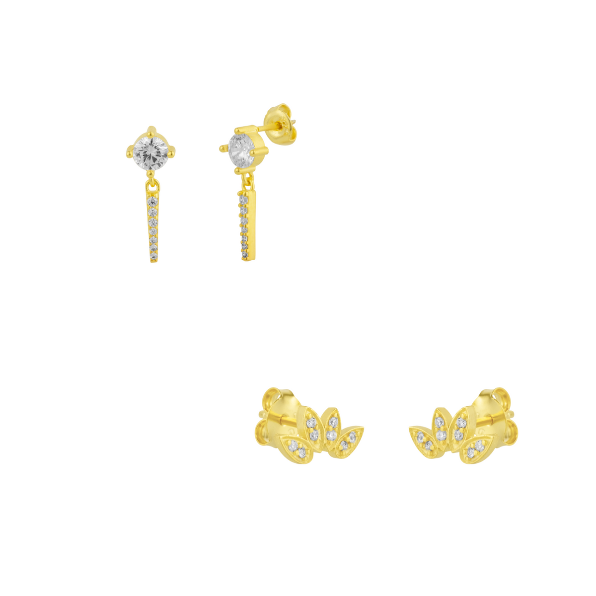 Sterling Silver Flower Stud And Spike Drop Earrings in Gold