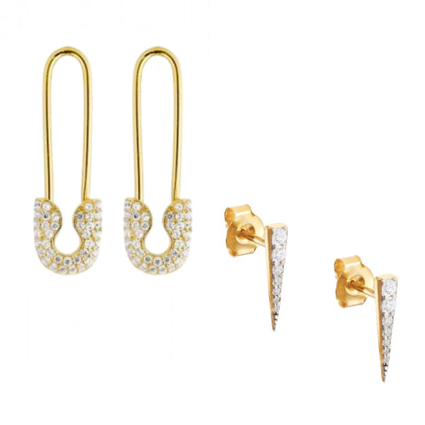 Long Pave Dagger Stud and Pave Safety Pin Earrings Set