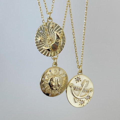 Sun Silhouette Face Embossed Sterling Silver Medal Necklace