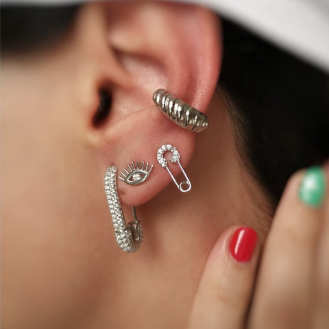 Sterling Silver Safety Pin Stud Croissant Ear Cuff and Evil Eye Earrings Set - Pair