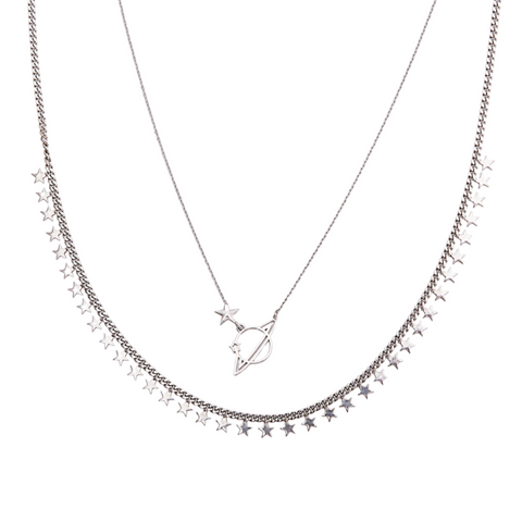 Multiple Star Sterling Silver Station and Saturn Necklace Set