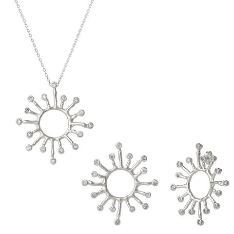 Sun Sunburst Large Textured Molten Sterling Silver Earrings and Necklace Set