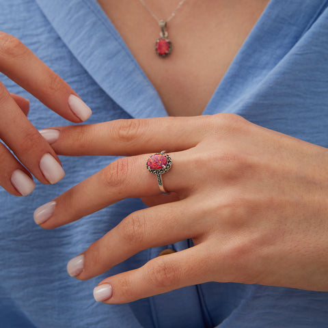 Circle Red Opal High Quality Sterling Silver Necklace Earring Ring Set