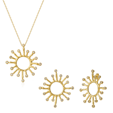 Sun Sunburst Large Textured Molten Sterling Silver Earrings and Necklace Set