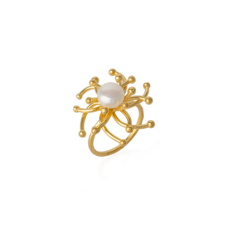 Pearl Sun Molten Dripping Sunburst Sterling Silver Ring