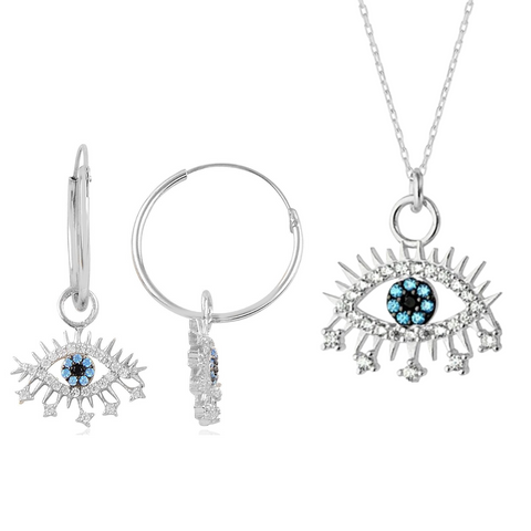 Evil Eye Earring Blue Eye Sterling Silver Pendant Eyelash Necklace and Earring Set