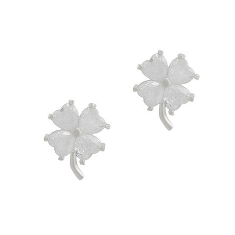 Four Leaf Clover Sterling Silver Stud Earrings - White