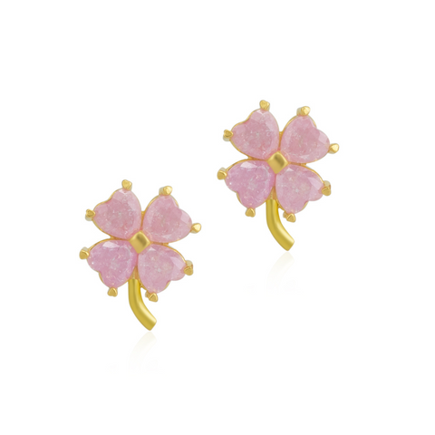 Four Leaves Clover Sterling Silver Stud Earrings - Pink