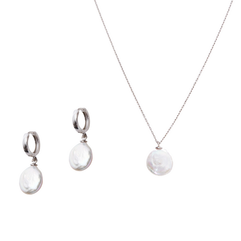 Baroque Flat Pearl Pendant Necklace and Earrings Sterling Silver Set