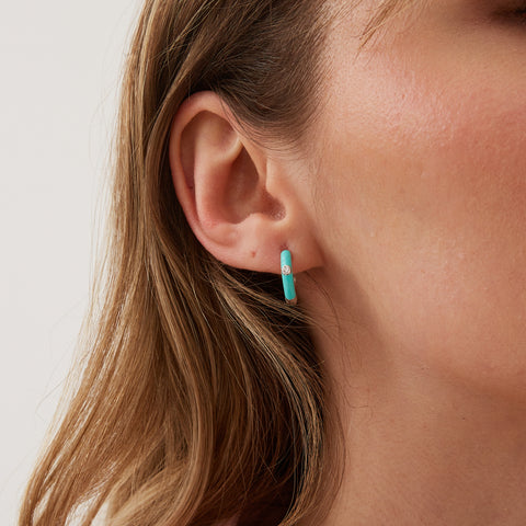 Turquoise Enamelled Jewelled Sterling Silver Hoops