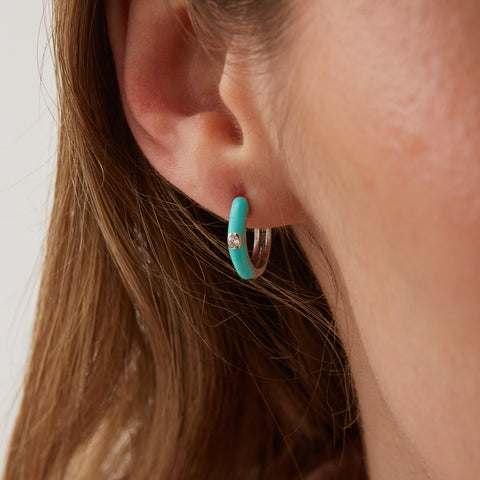 Turquoise Enamelled Jewelled Sterling Silver Hoops