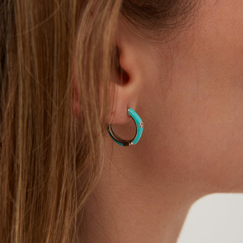 Turquoise Enamelled Jewelled Sterling Silver Hoops