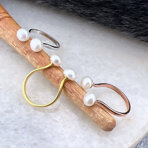 Double Pearl Sterling Silver Adjustable Open Ring