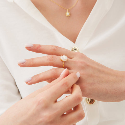 Natural Irregular Baroque Pearl Adjustable Sterling Silver Hammered Ring