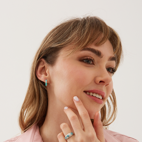 Turquoise Enamelled Jewelled Sterling Silver Hoops