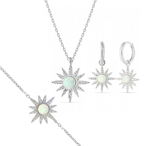 White Opal Sun Sterling Silver Necklace Earrings and Bracelet Set