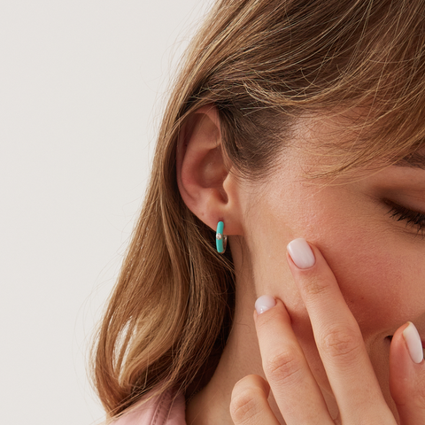 Turquoise Enamelled Jewelled Sterling Silver Hoops