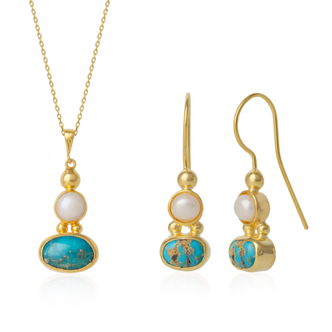 Turquoise Authentic Pendant and Earrings Sterling Silver Gold Plated Set