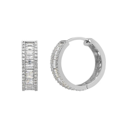 Baguette Cubic Zirconia Sterling Silver Pave Hoop Earrings