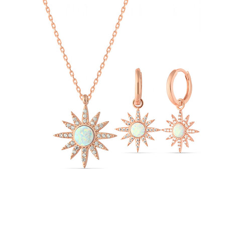 White Opal Sun Sterling Silver Necklace and Earrings Set