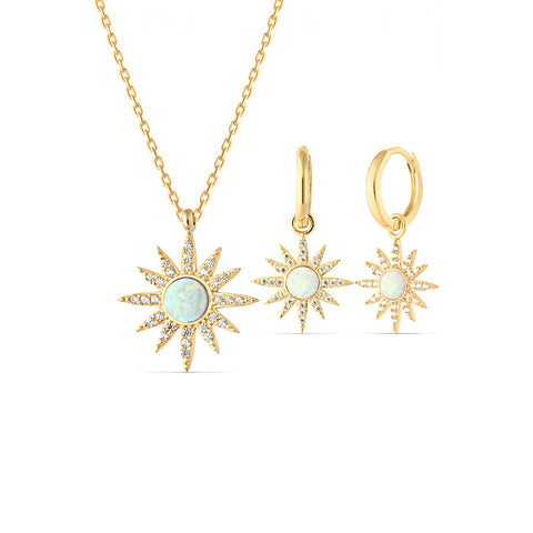 White Opal Sun Sterling Silver Necklace and Earrings Set