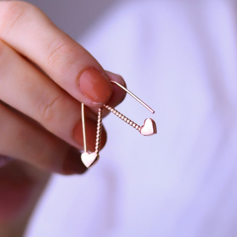 Heart Beaded Safety Pin Sterling Silver Earrings