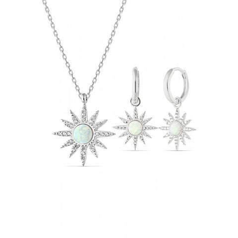 White Opal Sun Sterling Silver Necklace and Earrings Set