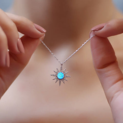 Blue Opal Sun Sterling Silver Necklace and Earring Set